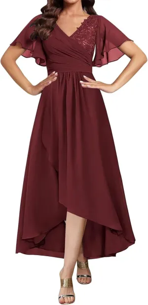 Tea Length Mother of The Bride Dresses for Women Short Sleeve Lace Applique Ruffle Formal Wedding Dress