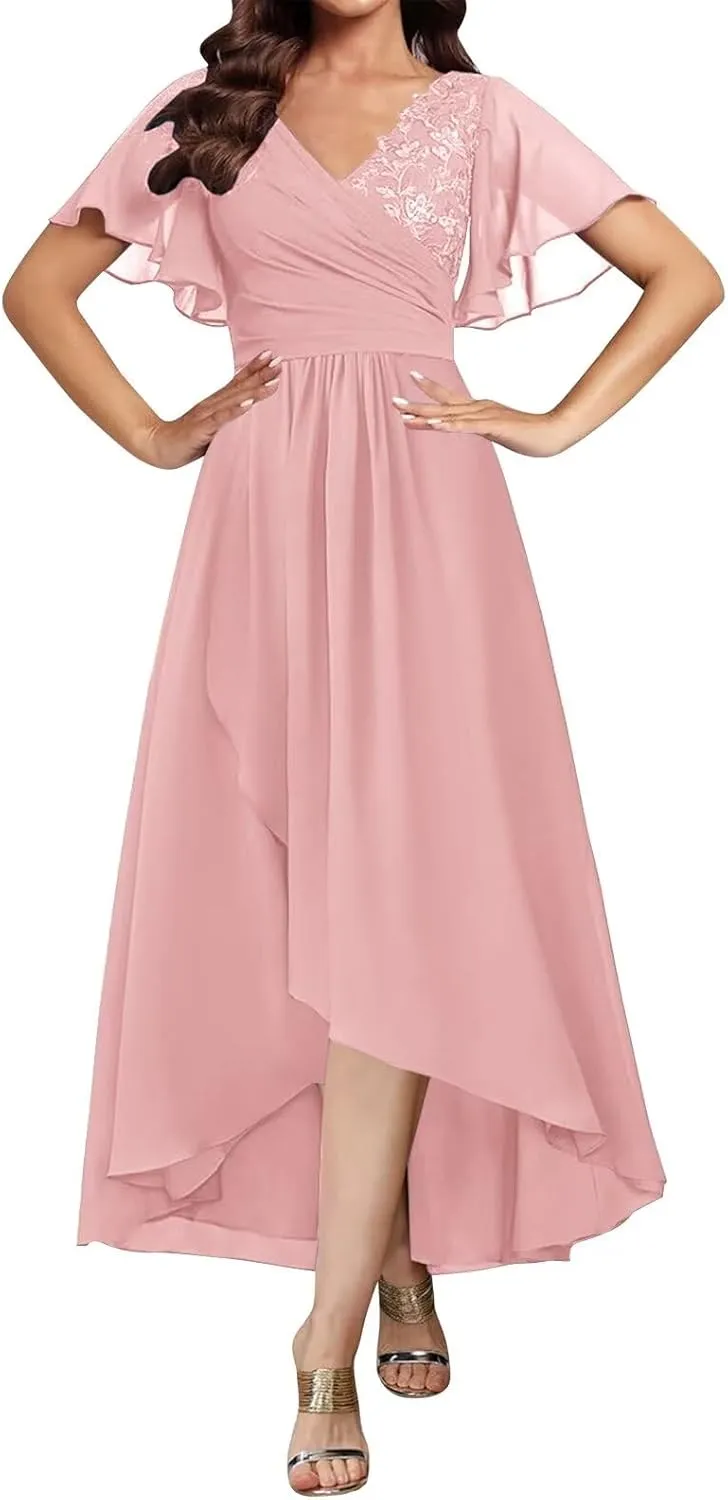 Tea Length Mother of The Bride Dresses for Women Short Sleeve Lace Applique Ruffle Formal Wedding Dress