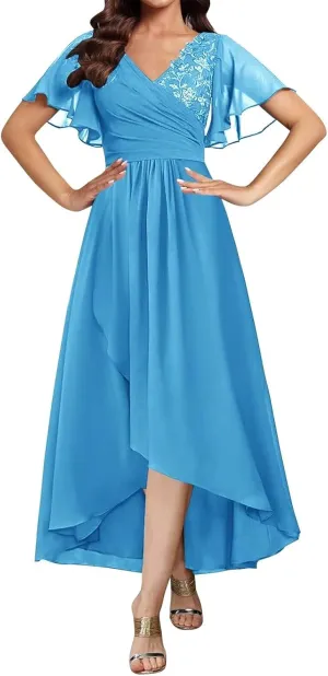 Tea Length Mother of The Bride Dresses for Women Short Sleeve Lace Applique Ruffle Formal Wedding Dress