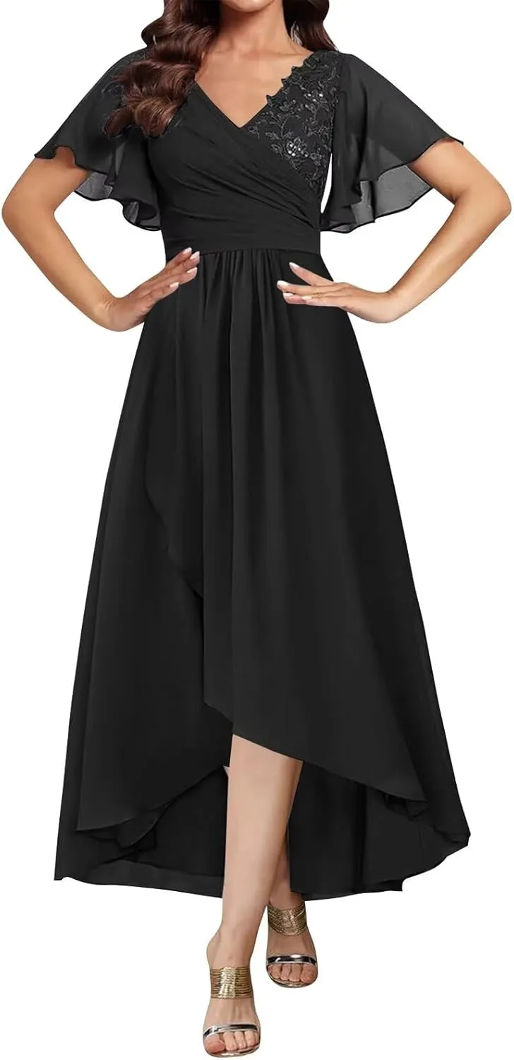 Tea Length Mother of The Bride Dresses for Women Short Sleeve Lace Applique Ruffle Formal Wedding Dress