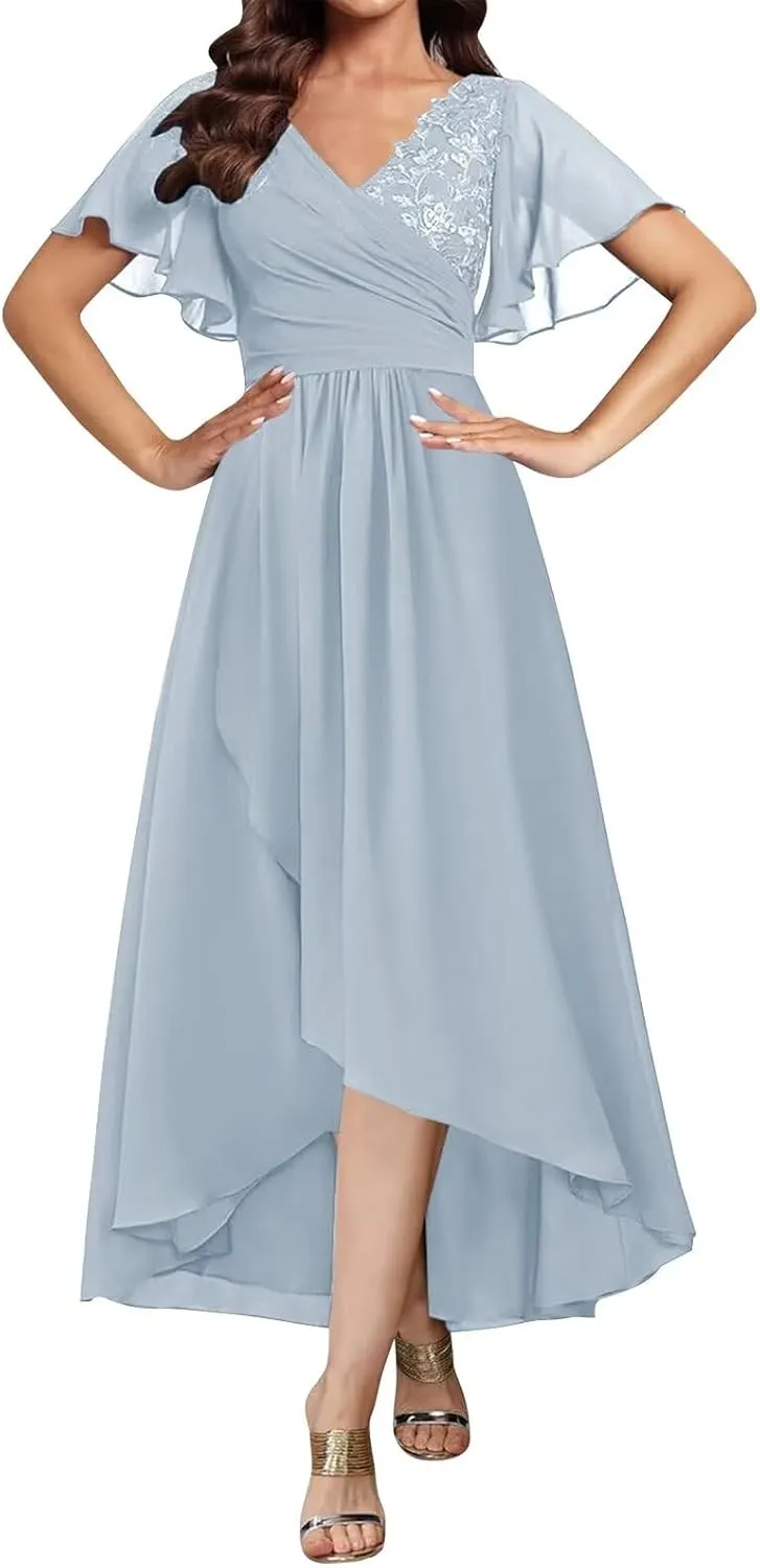Tea Length Mother of The Bride Dresses for Women Short Sleeve Lace Applique Ruffle Formal Wedding Dress