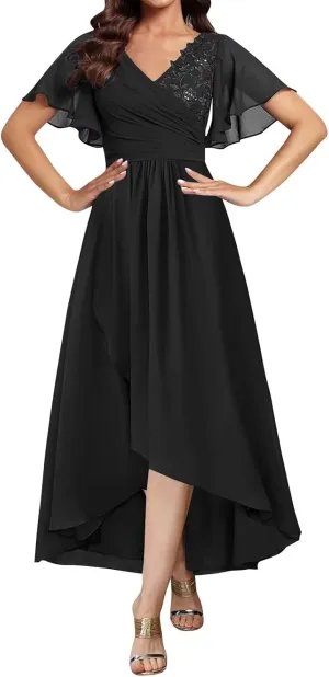 Tea Length Mother of The Bride Dresses for Women Short Sleeve Lace Applique Ruffle Formal Wedding Dress