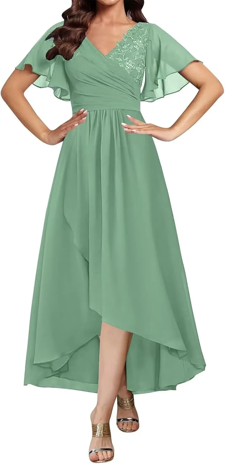 Tea Length Mother of The Bride Dresses for Women Short Sleeve Lace Applique Ruffle Formal Wedding Dress