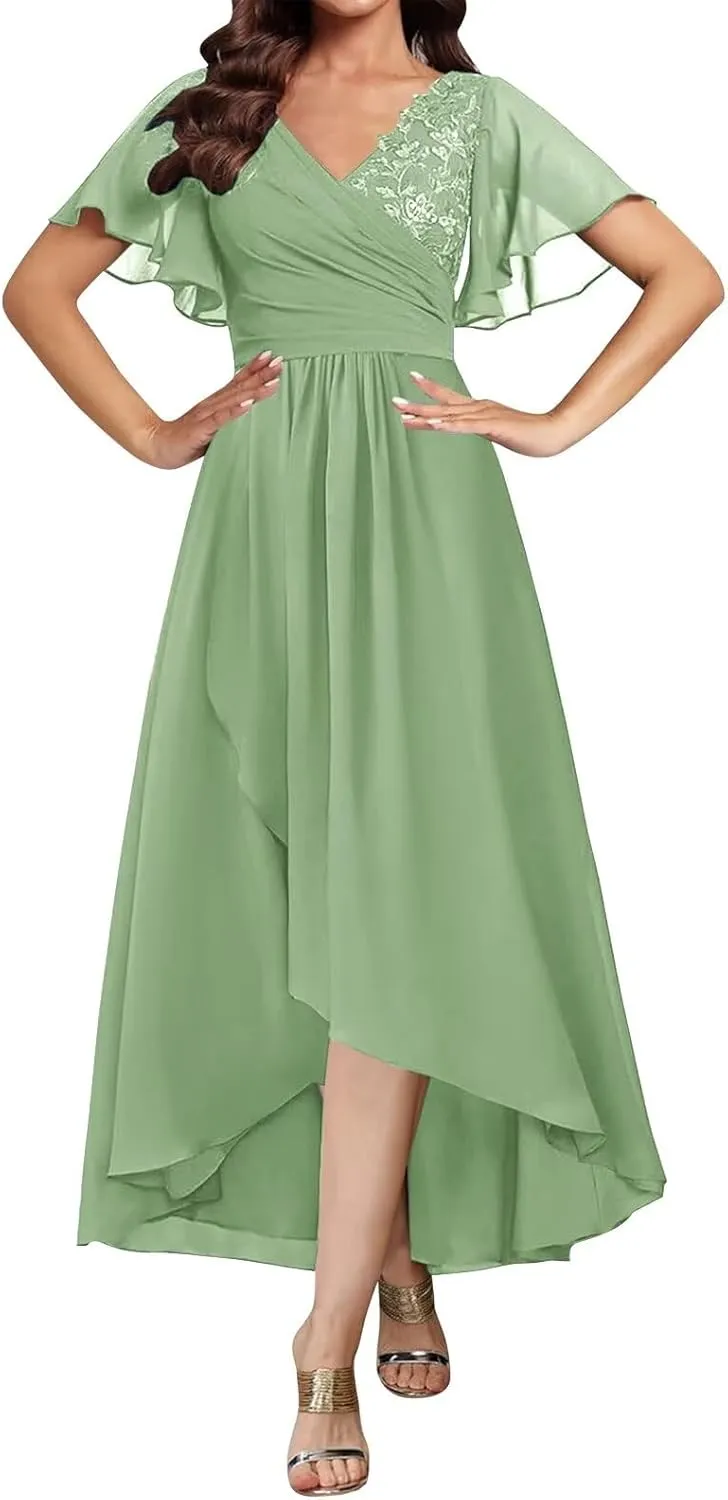 Tea Length Mother of The Bride Dresses for Women Short Sleeve Lace Applique Ruffle Formal Wedding Dress
