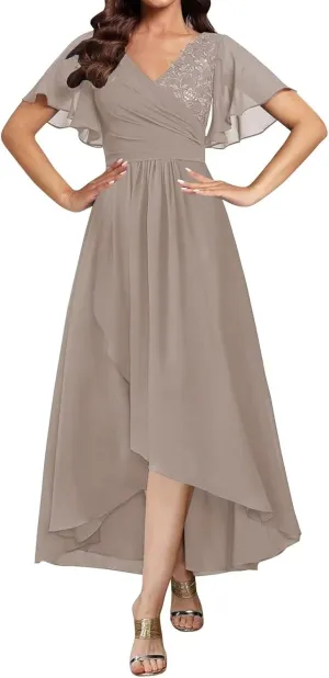 Tea Length Mother of The Bride Dresses for Women Short Sleeve Lace Applique Ruffle Formal Wedding Dress