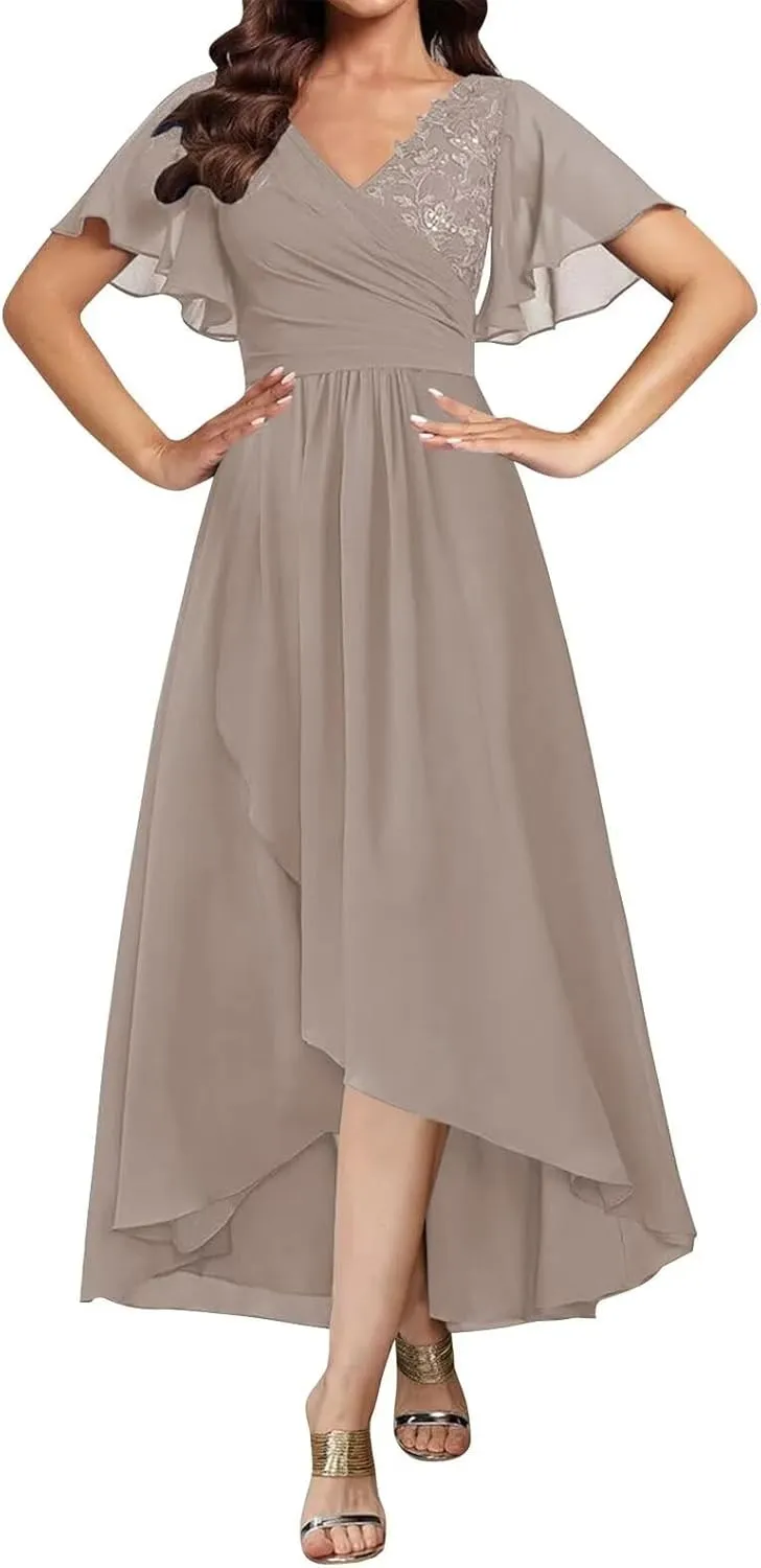 Tea Length Mother of The Bride Dresses for Women Short Sleeve Lace Applique Ruffle Formal Wedding Dress