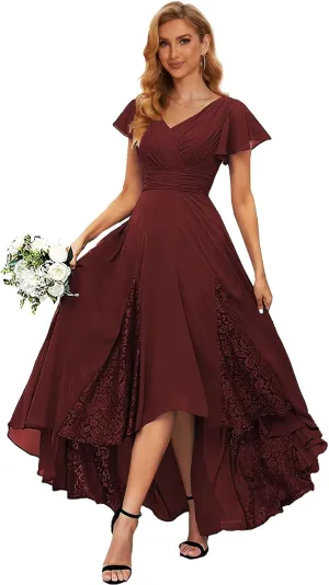 Tea Length Mother of The Bride Dresses with Sleeves High Low Bridesmaid Dress for Wedding Lace Formal Gown