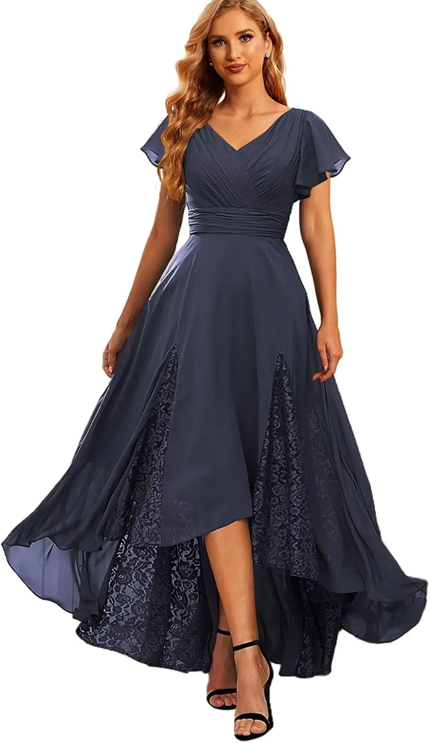 Tea Length Mother of The Bride Dresses with Sleeves High Low Bridesmaid Dress for Wedding Lace Formal Gown