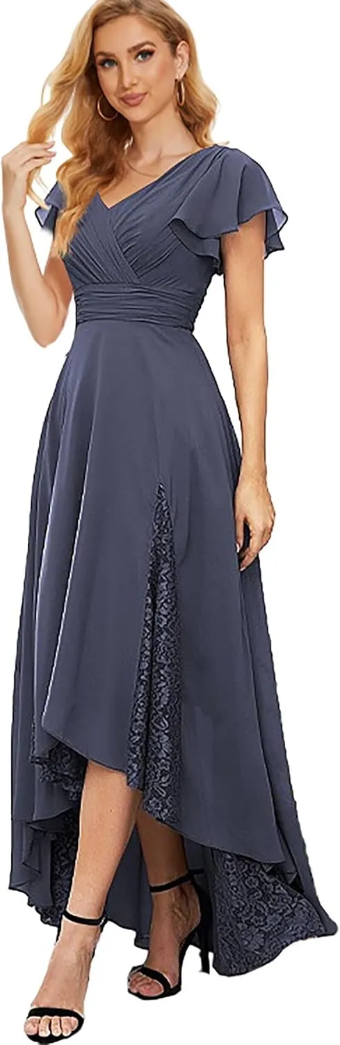 Tea Length Mother of The Bride Dresses with Sleeves High Low Bridesmaid Dress for Wedding Lace Formal Gown