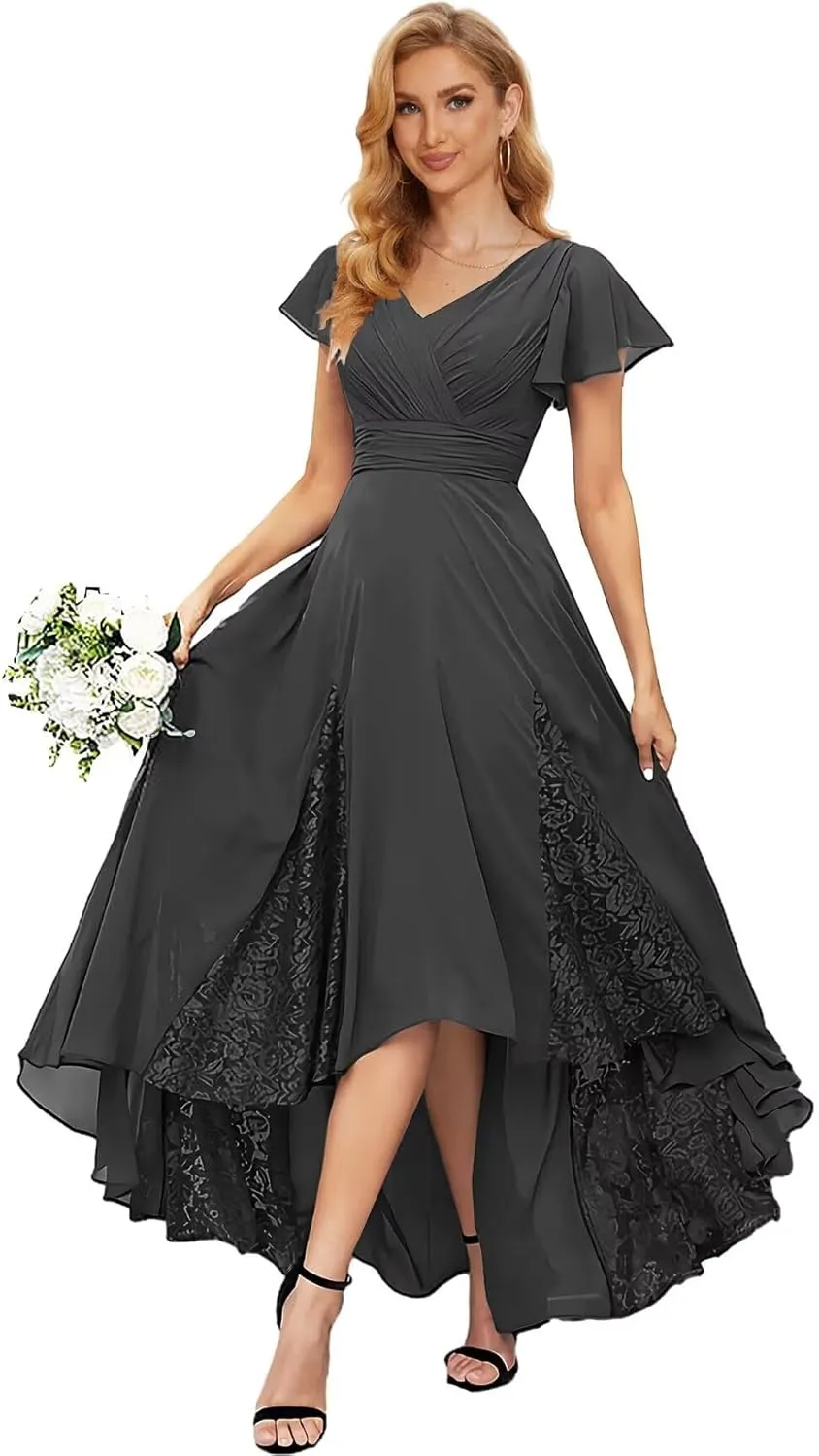 Tea Length Mother of The Bride Dresses with Sleeves High Low Bridesmaid Dress for Wedding Lace Formal Gown