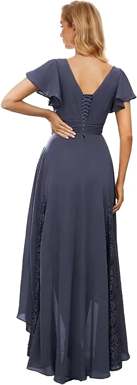 Tea Length Mother of The Bride Dresses with Sleeves High Low Bridesmaid Dress for Wedding Lace Formal Gown