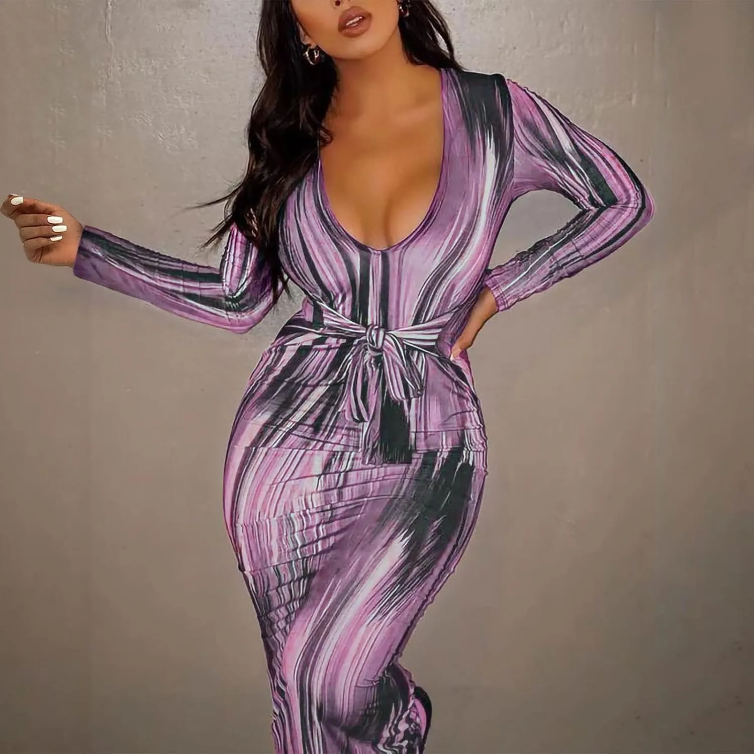 The Viral Waist Illusion Dress,Waist Illusion Dress for Women,V Neck Casual Long Sleeve Maxi Ruched Slim Fit
