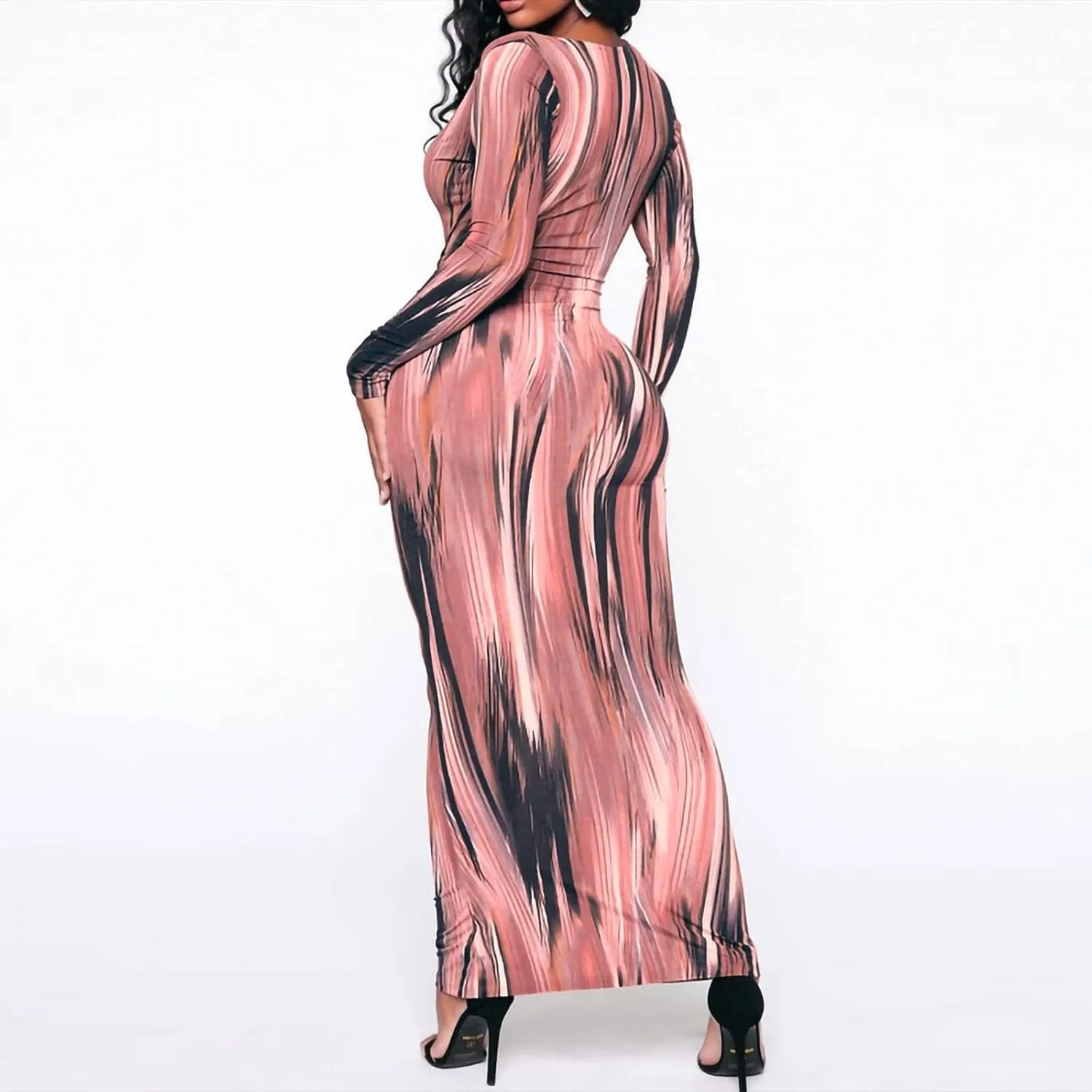 The Viral Waist Illusion Dress,Waist Illusion Dress for Women,V Neck Casual Long Sleeve Maxi Ruched Slim Fit