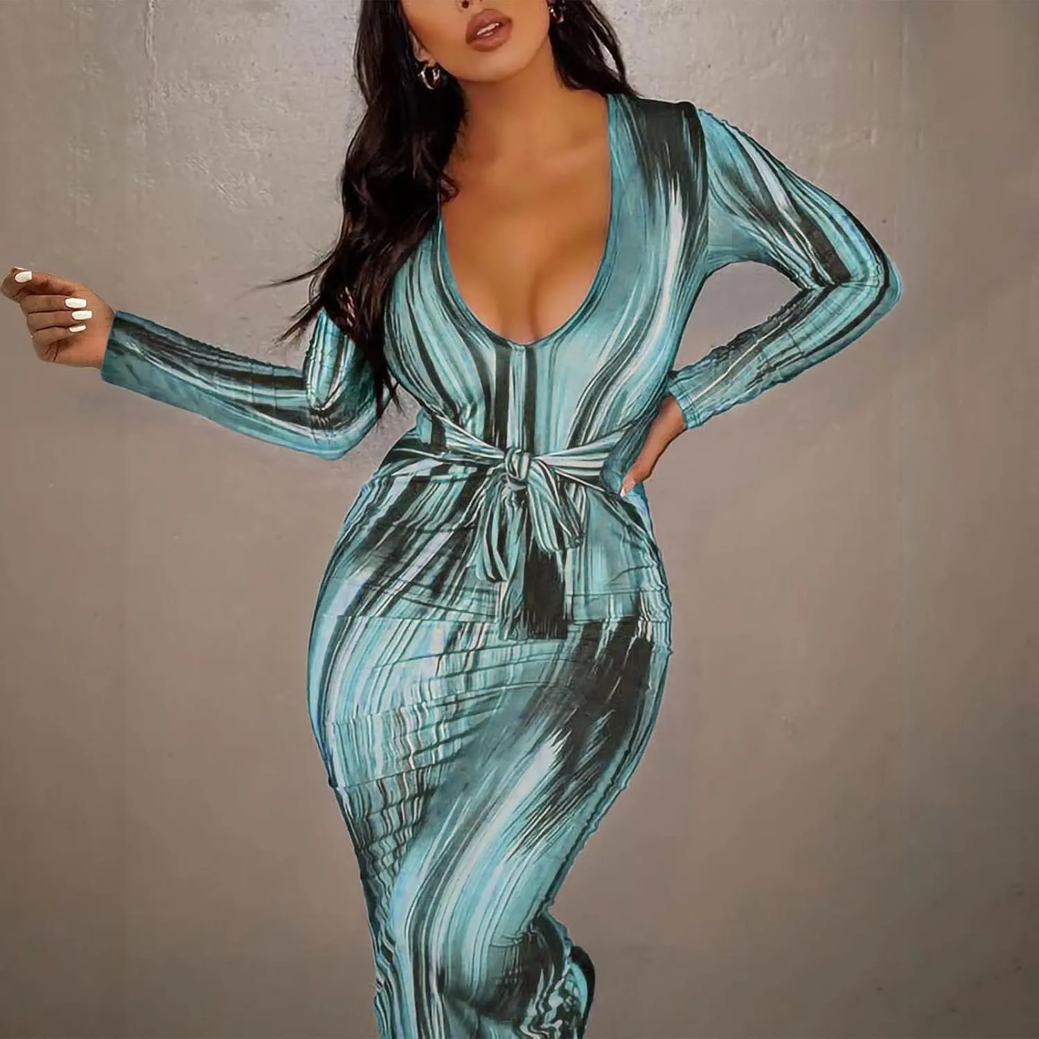 The Viral Waist Illusion Dress,Waist Illusion Dress for Women,V Neck Casual Long Sleeve Maxi Ruched Slim Fit
