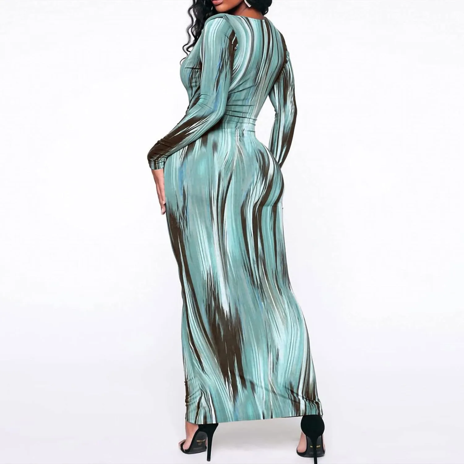 The Viral Waist Illusion Dress,Waist Illusion Dress for Women,V Neck Casual Long Sleeve Maxi Ruched Slim Fit