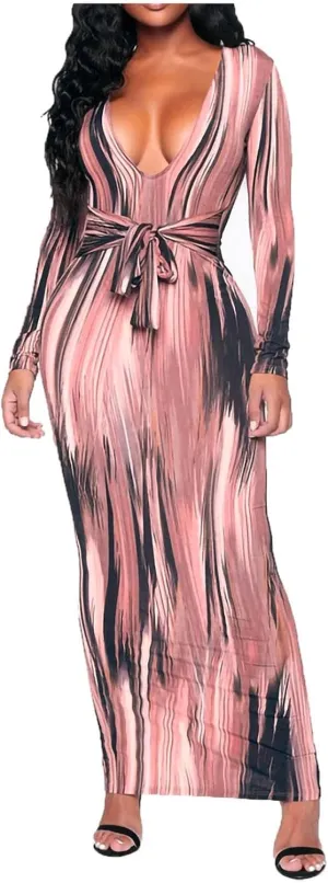 The Viral Waist Illusion Dress,Waist Illusion Dress for Women,V Neck Casual Long Sleeve Maxi Ruched Slim Fit
