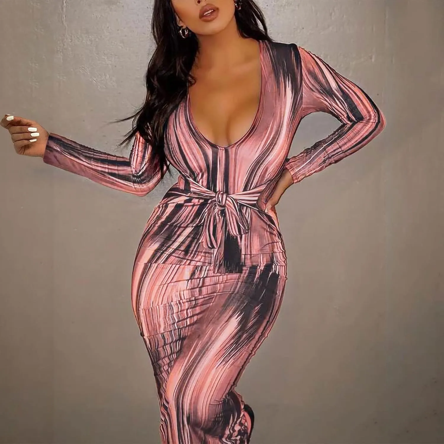 The Viral Waist Illusion Dress,Waist Illusion Dress for Women,V Neck Casual Long Sleeve Maxi Ruched Slim Fit
