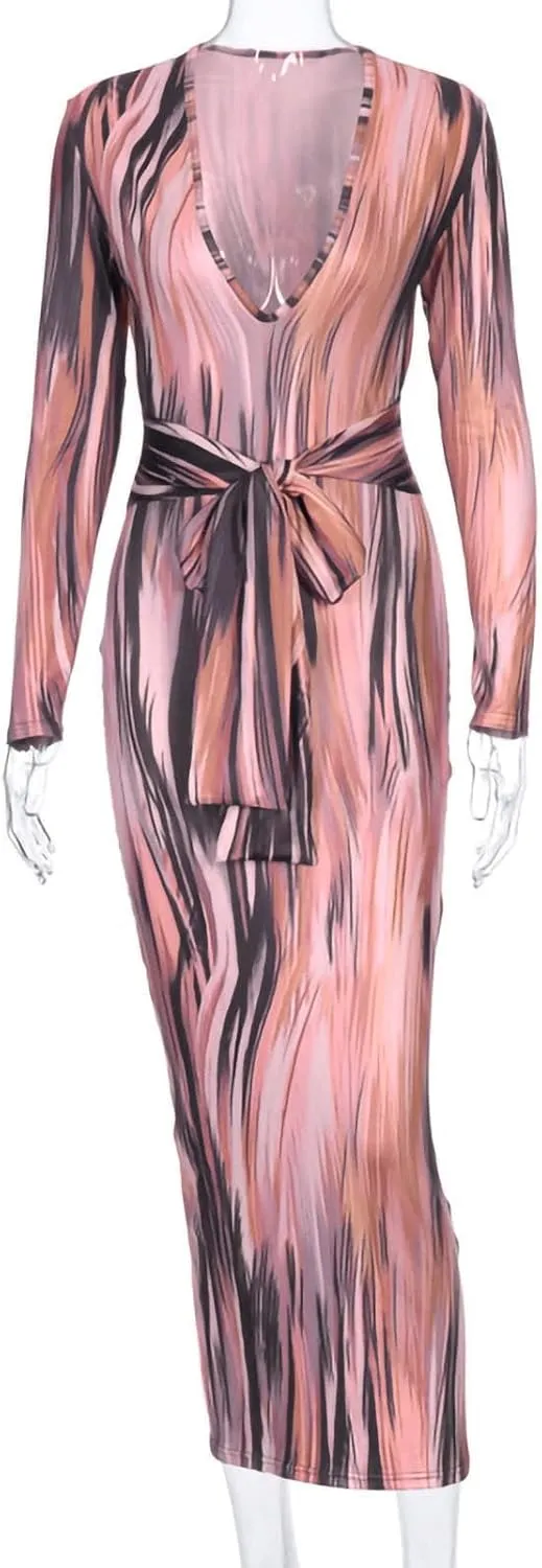 The Viral Waist Illusion Dress,Waist Illusion Dress for Women,V Neck Casual Long Sleeve Maxi Ruched Slim Fit