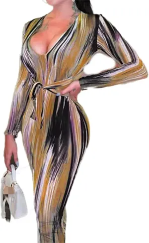 The Viral Waist Illusion Dress,Waist Illusion Dress for Women,V Neck Casual Long Sleeve Maxi Ruched Slim Fit