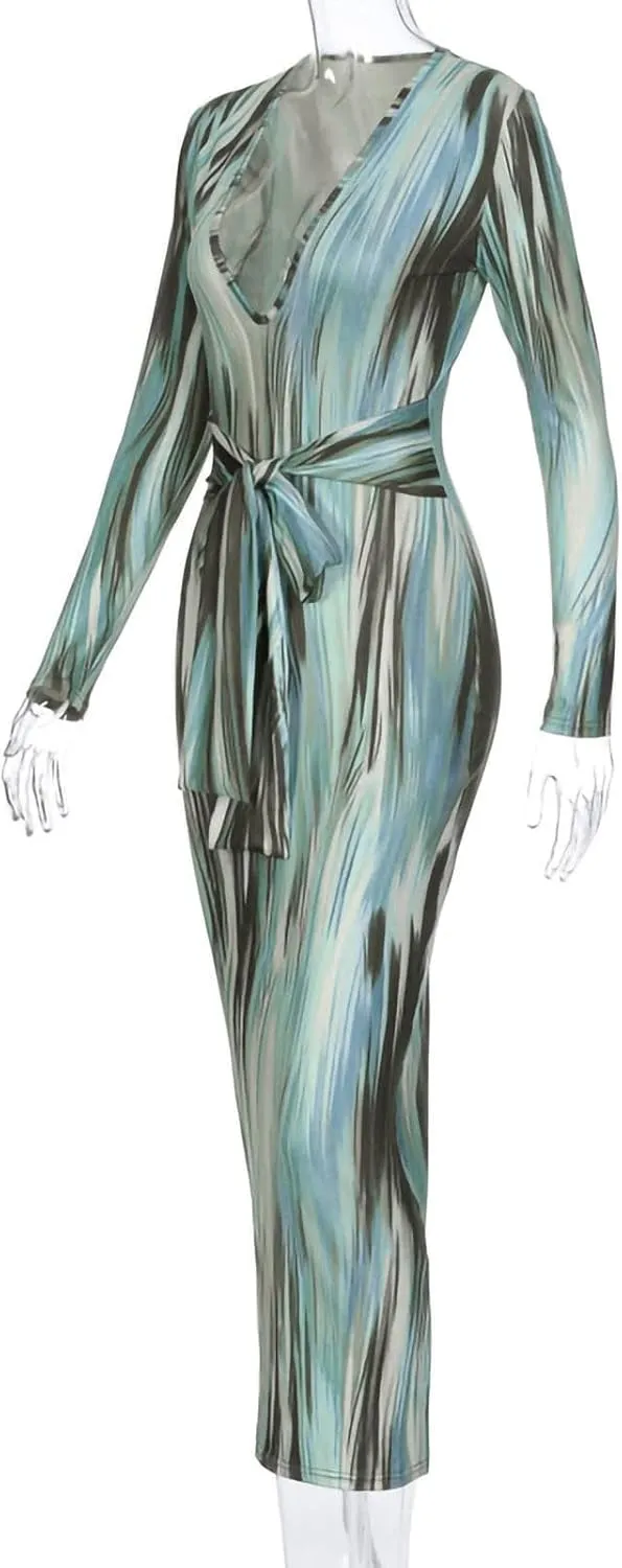 The Viral Waist Illusion Dress,Waist Illusion Dress for Women,V Neck Casual Long Sleeve Maxi Ruched Slim Fit
