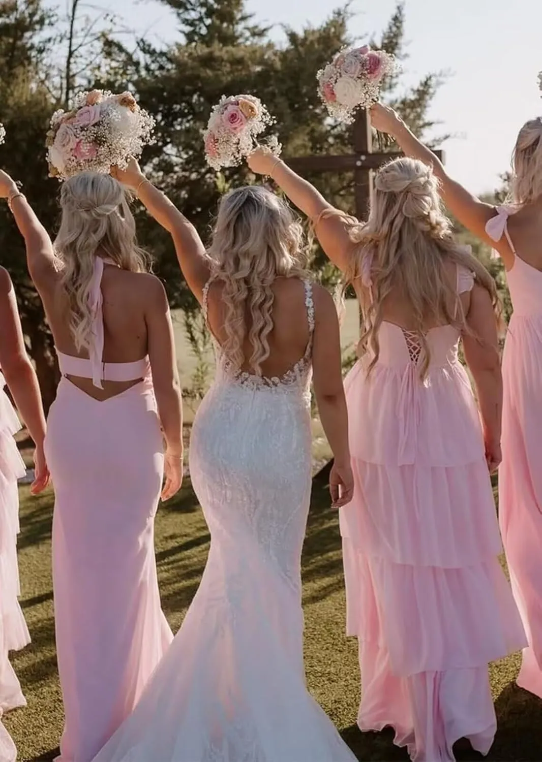 Tiered Ruffle Bridesmaid Dresses for Women Long Chiffon A Line Formal Prom Evening Dress with Slit