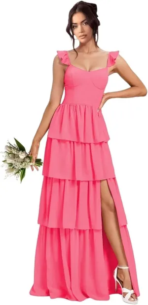 Tiered Ruffle Bridesmaid Dresses for Women Long Chiffon A Line Formal Prom Evening Dress with Slit