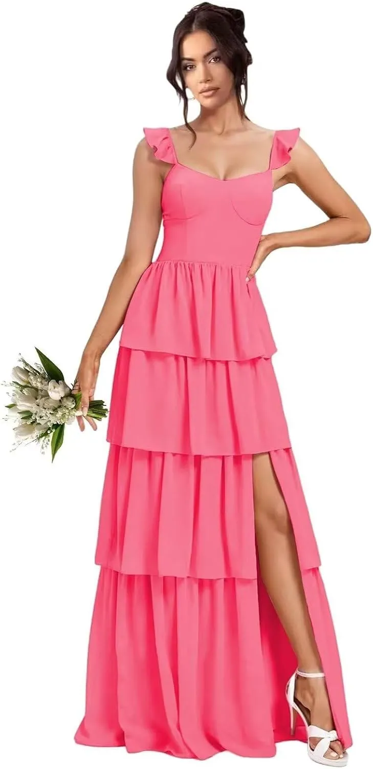 Tiered Ruffle Bridesmaid Dresses for Women Long Chiffon A Line Formal Prom Evening Dress with Slit