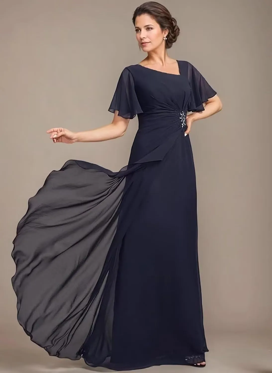 TIRAS Mother of The Bride Dresses Asymmetric Neck Ruffle Sleeves Chiffon A-line Long Wedding Dresses with Pockets CM402