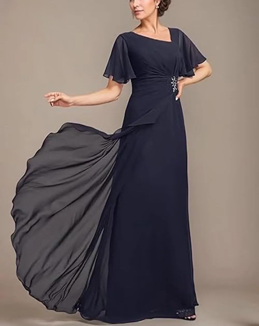 TIRAS Mother of The Bride Dresses Asymmetric Neck Ruffle Sleeves Chiffon A-line Long Wedding Dresses with Pockets CM402