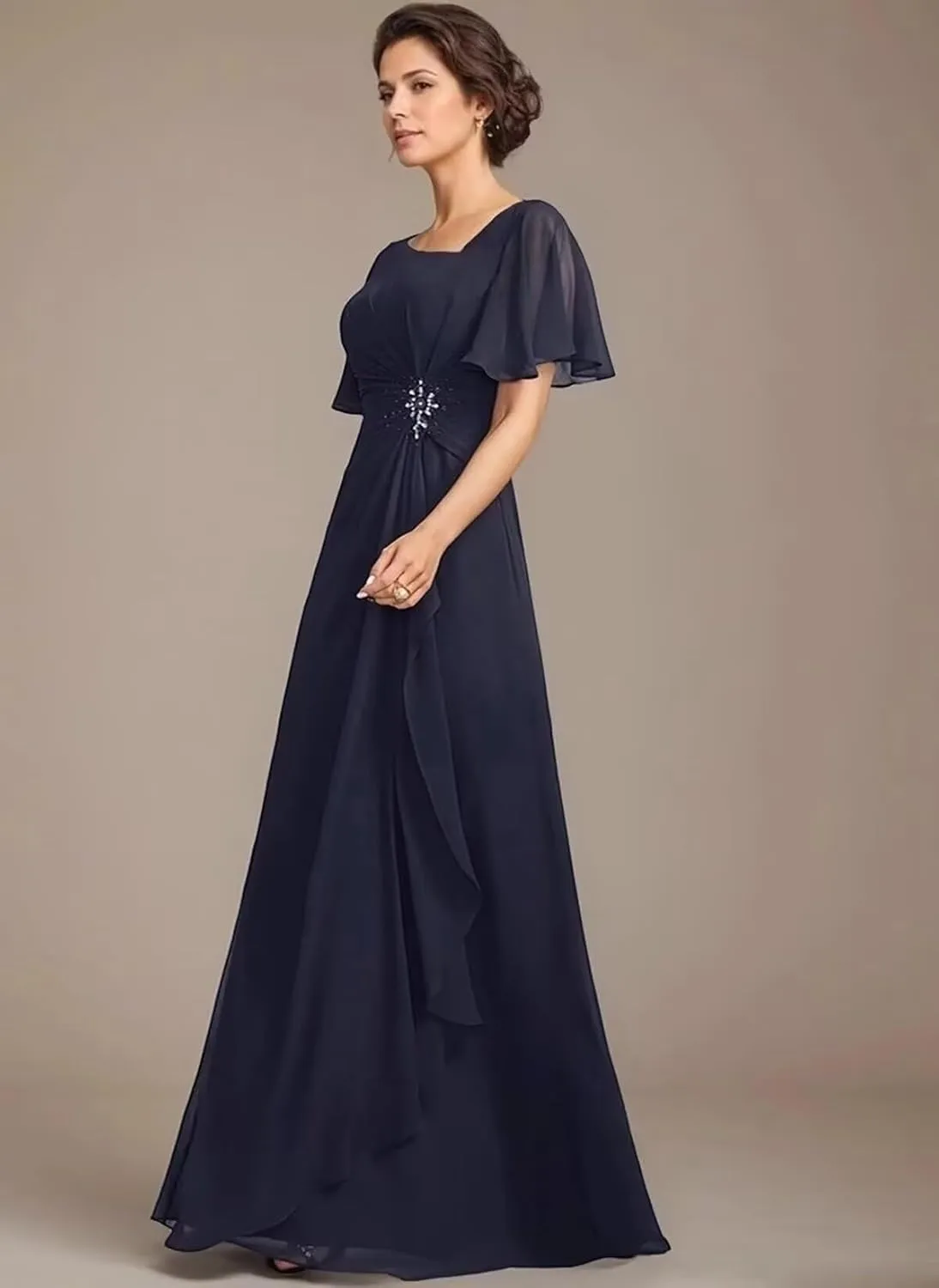 TIRAS Mother of The Bride Dresses Asymmetric Neck Ruffle Sleeves Chiffon A-line Long Wedding Dresses with Pockets CM402