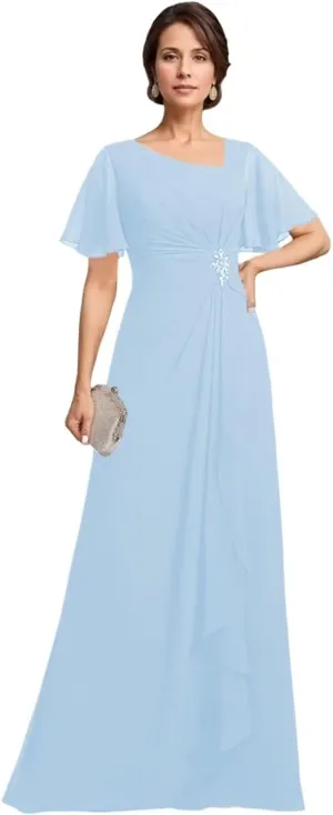 TIRAS Mother of The Bride Dresses Asymmetric Neck Ruffle Sleeves Chiffon A-line Long Wedding Dresses with Pockets CM402