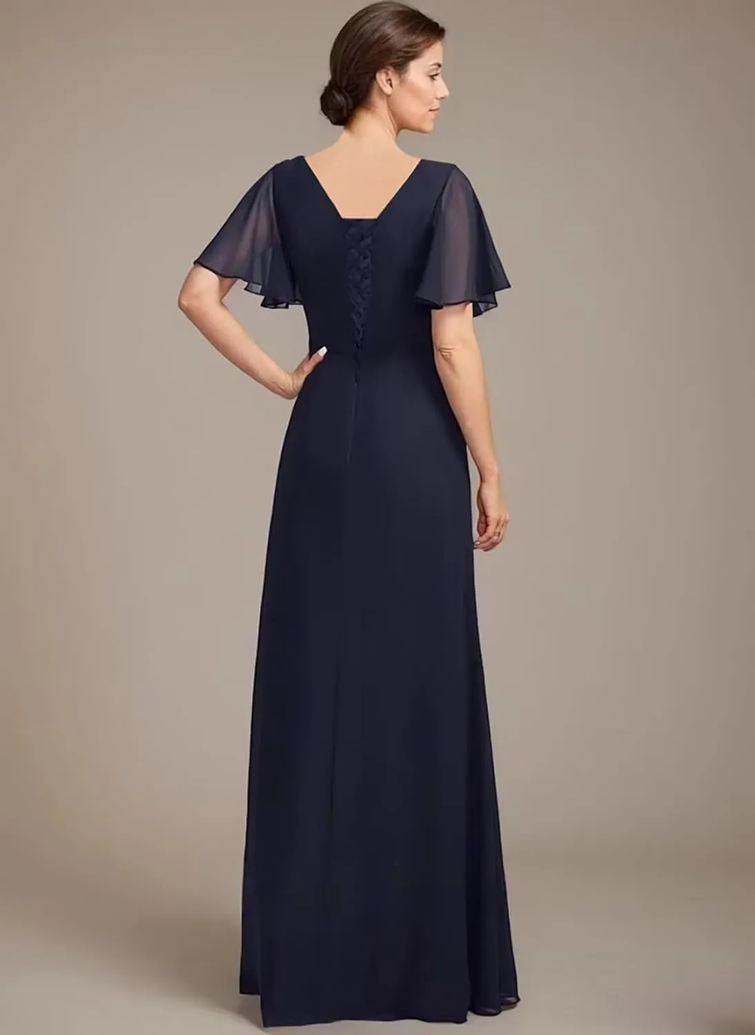 TIRAS Mother of The Bride Dresses Asymmetric Neck Ruffle Sleeves Chiffon A-line Long Wedding Dresses with Pockets CM402