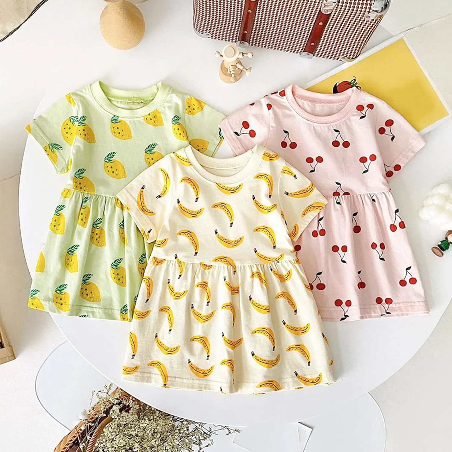 Toddler Baby Girl Fruit Mini Skirt Bowknot Ruffle Sleeveless Princess Dress Newborn Floral Print Dresses
