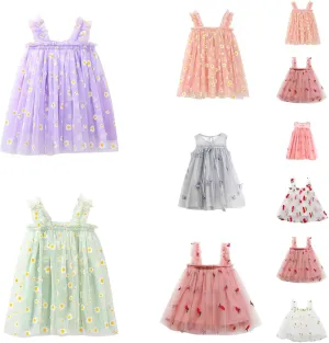 Toddler Baby Girl Tutu Dress Floral Print Tulle Dress Little Girl Sleeveless Princess Dresses with Flower Headband