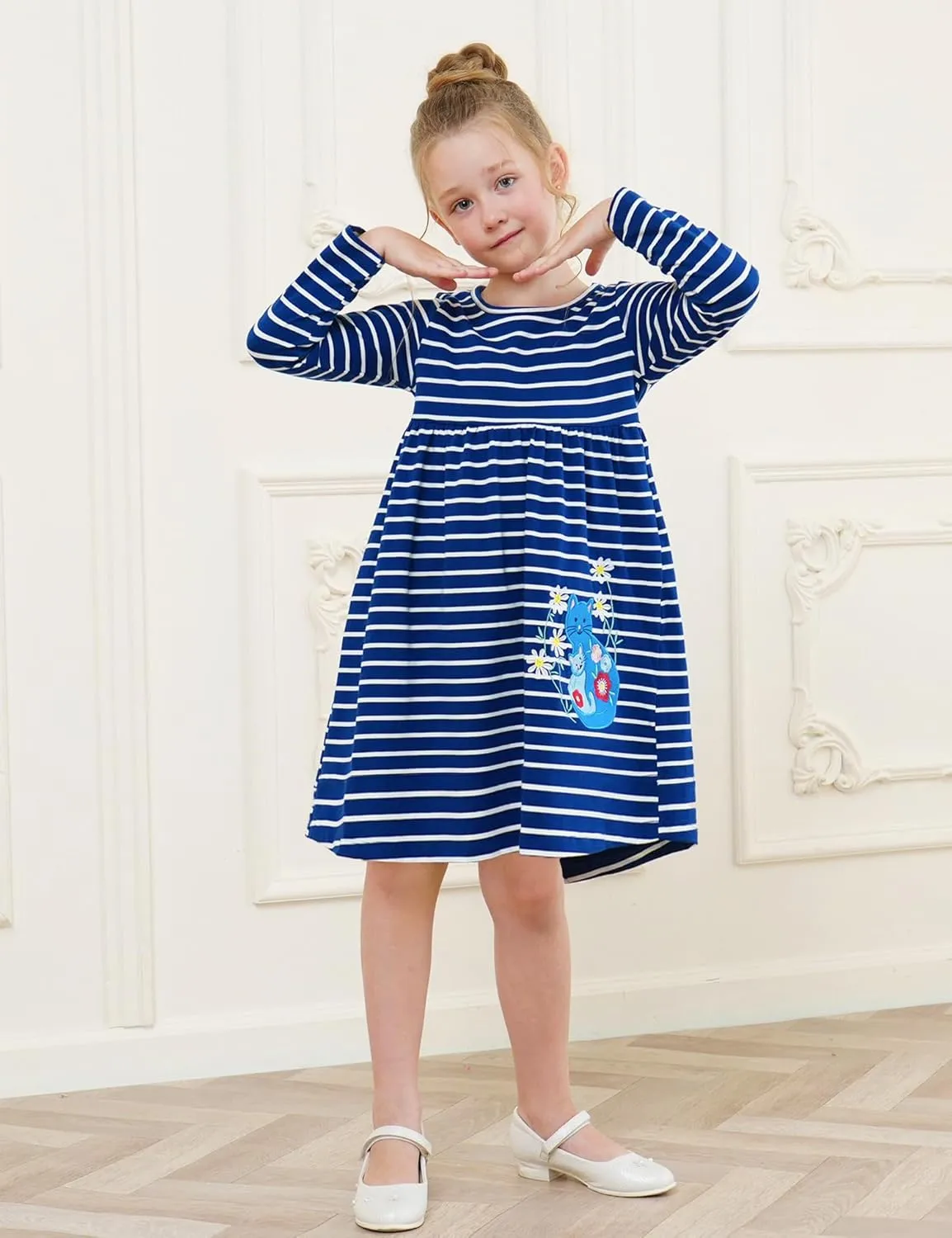 Toddler Girls Cotton Embroidery Applique Short Sleeve Dresses 2-7Y