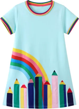 Toddler Girls Cotton Embroidery Applique Short Sleeve Dresses 2-7Y