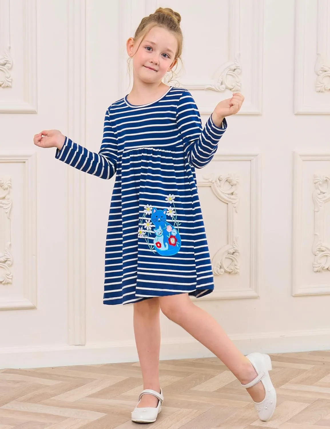 Toddler Girls Cotton Embroidery Applique Short Sleeve Dresses 2-7Y