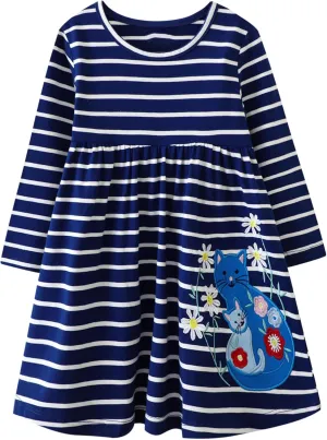 Toddler Girls Cotton Embroidery Applique Short Sleeve Dresses 2-7Y