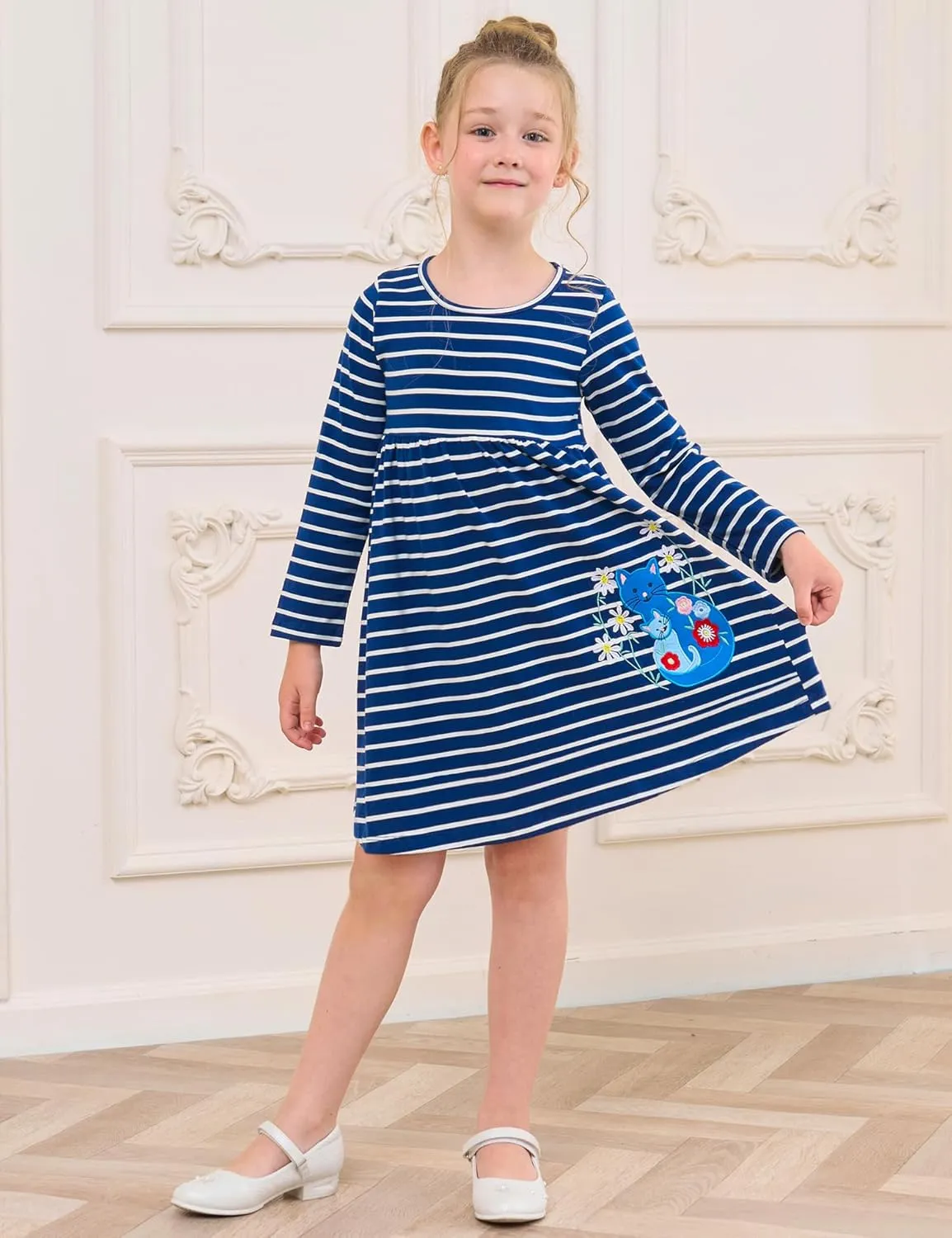 Toddler Girls Cotton Embroidery Applique Short Sleeve Dresses 2-7Y