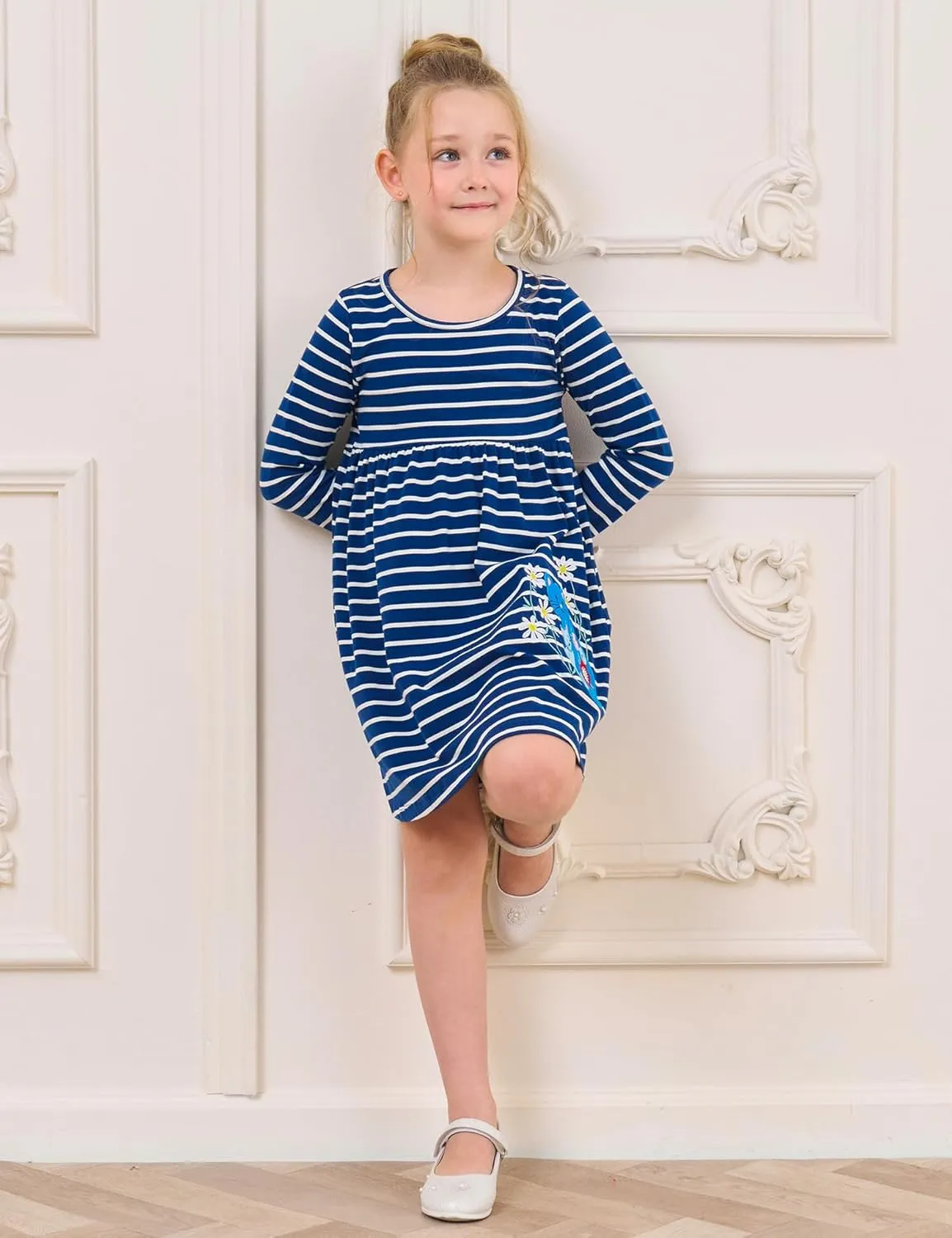 Toddler Girls Cotton Embroidery Applique Short Sleeve Dresses 2-7Y