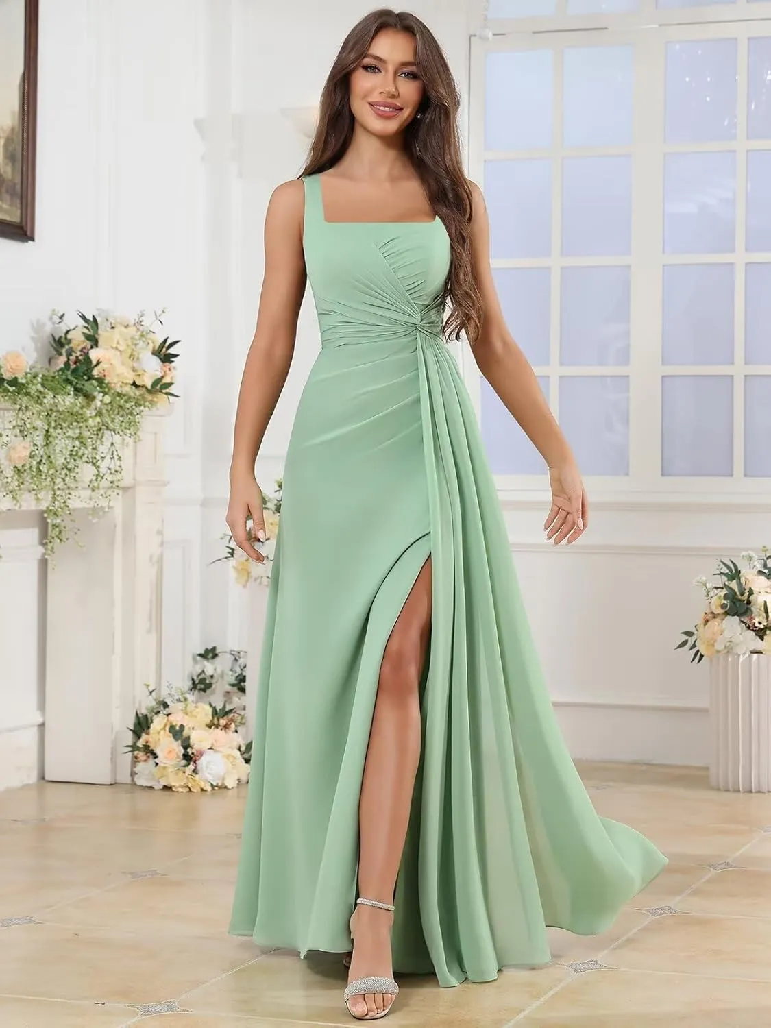 TORYEMY Chiffon Bridesmaid Dresses for Women Long Square Neck Ruffle Formal Evening Dresses with Slit