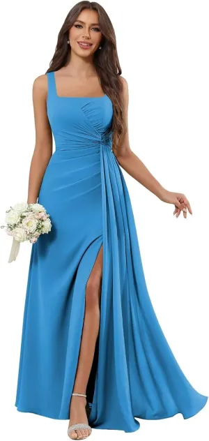 TORYEMY Chiffon Bridesmaid Dresses for Women Long Square Neck Ruffle Formal Evening Dresses with Slit
