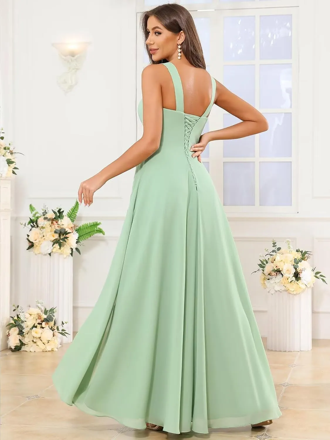 TORYEMY Chiffon Bridesmaid Dresses for Women Long Square Neck Ruffle Formal Evening Dresses with Slit