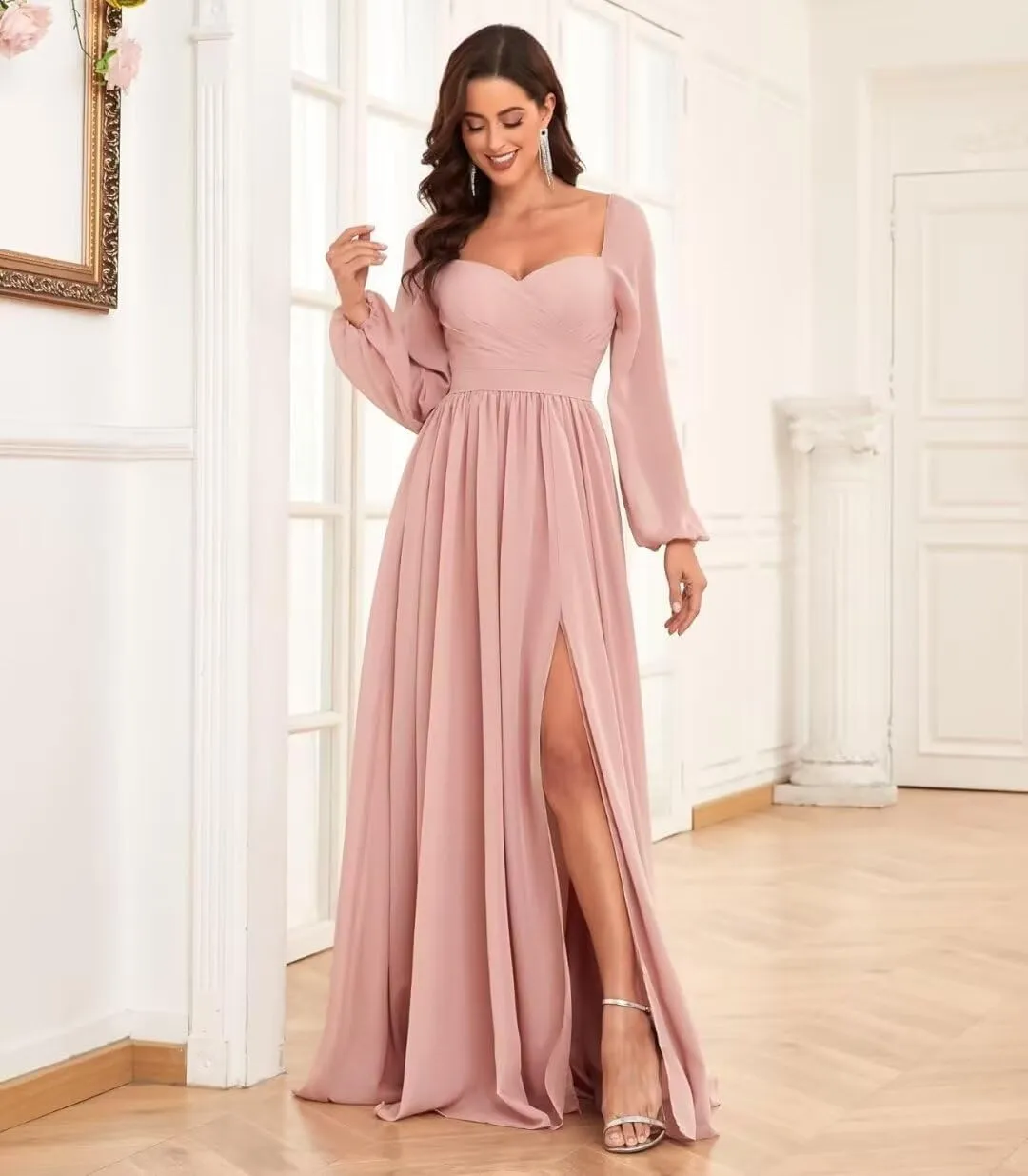TORYEMY Chiffon Bridesmaid Dresses with Sleeves for Wedding Sweetheart Long Formal Evening Gown with Slit