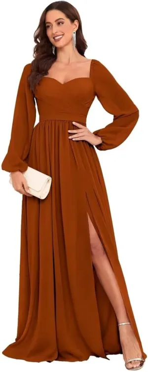 TORYEMY Chiffon Bridesmaid Dresses with Sleeves for Wedding Sweetheart Long Formal Evening Gown with Slit