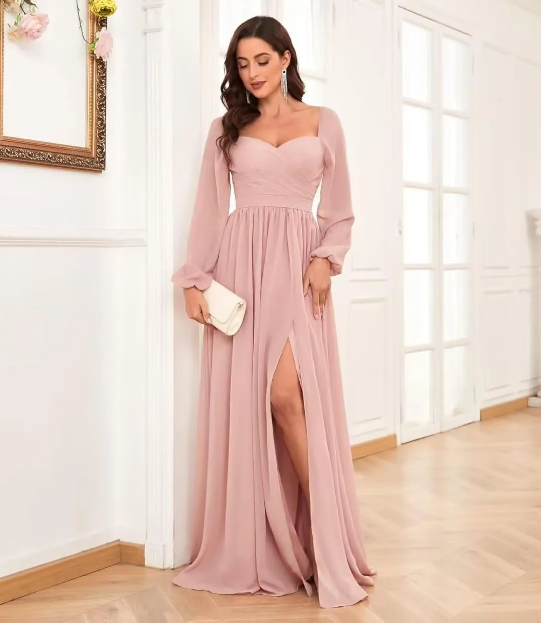 TORYEMY Chiffon Bridesmaid Dresses with Sleeves for Wedding Sweetheart Long Formal Evening Gown with Slit