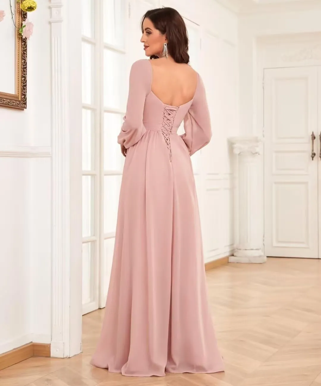 TORYEMY Chiffon Bridesmaid Dresses with Sleeves for Wedding Sweetheart Long Formal Evening Gown with Slit