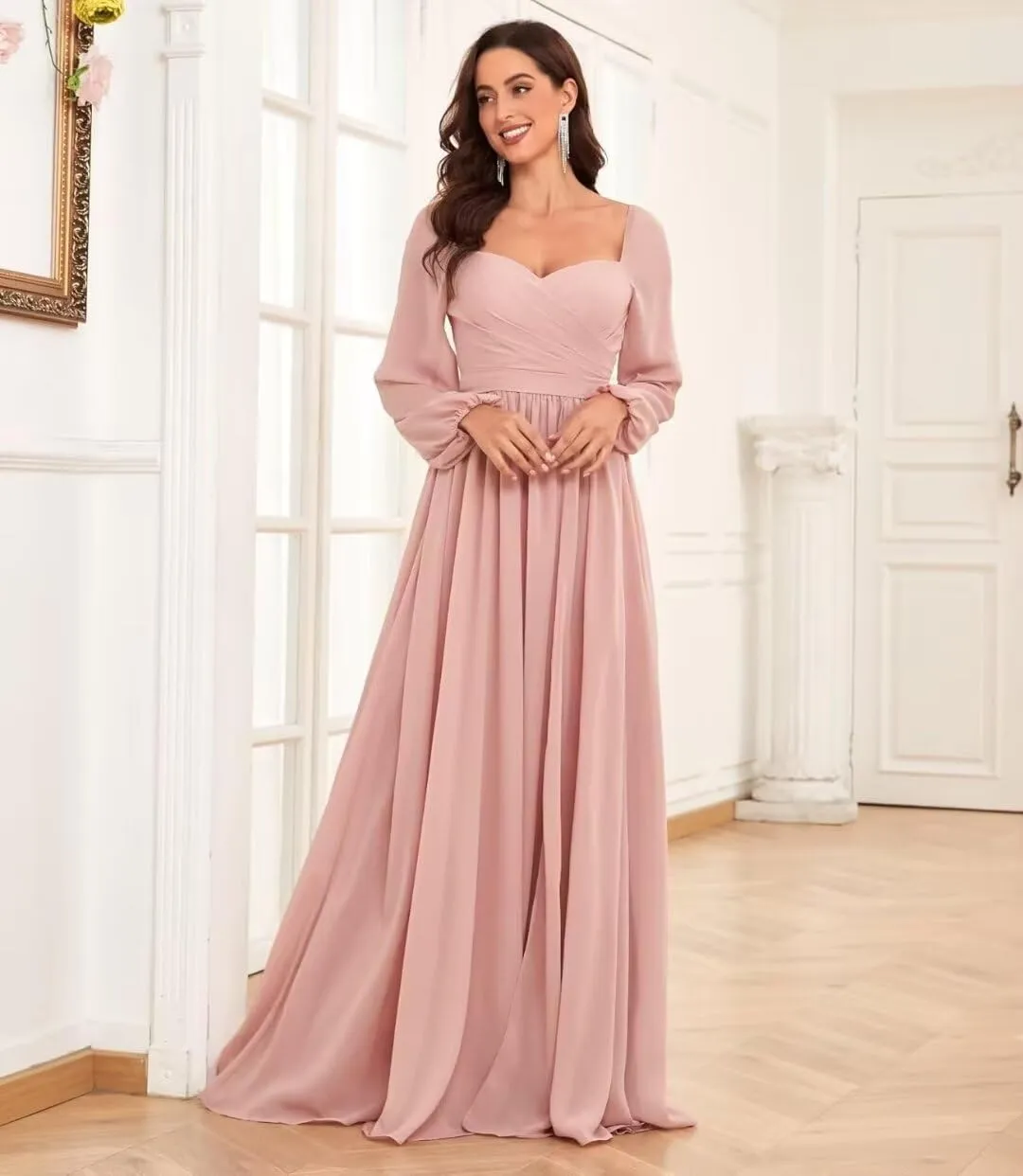 TORYEMY Chiffon Bridesmaid Dresses with Sleeves for Wedding Sweetheart Long Formal Evening Gown with Slit