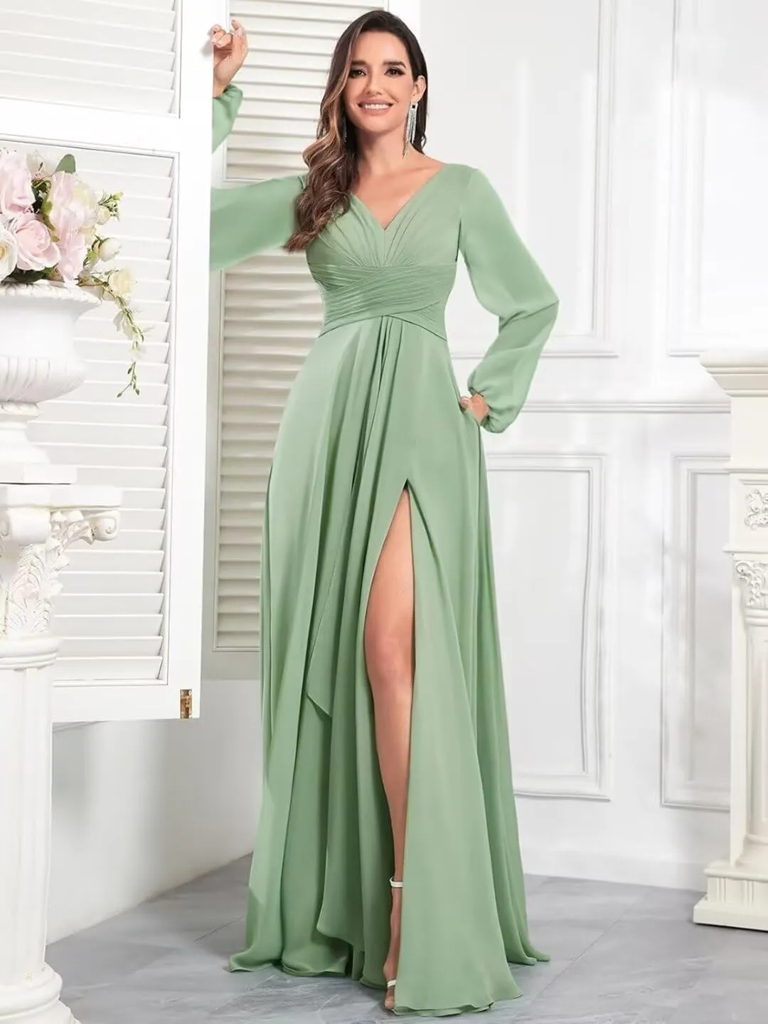 TORYEMY Chiffon Bridesmaid Dresses with Sleeves Long V Neck Ruffle Formal Evening Dresses for Wedding