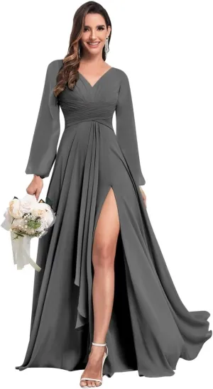 TORYEMY Chiffon Bridesmaid Dresses with Sleeves Long V Neck Ruffle Formal Evening Dresses for Wedding
